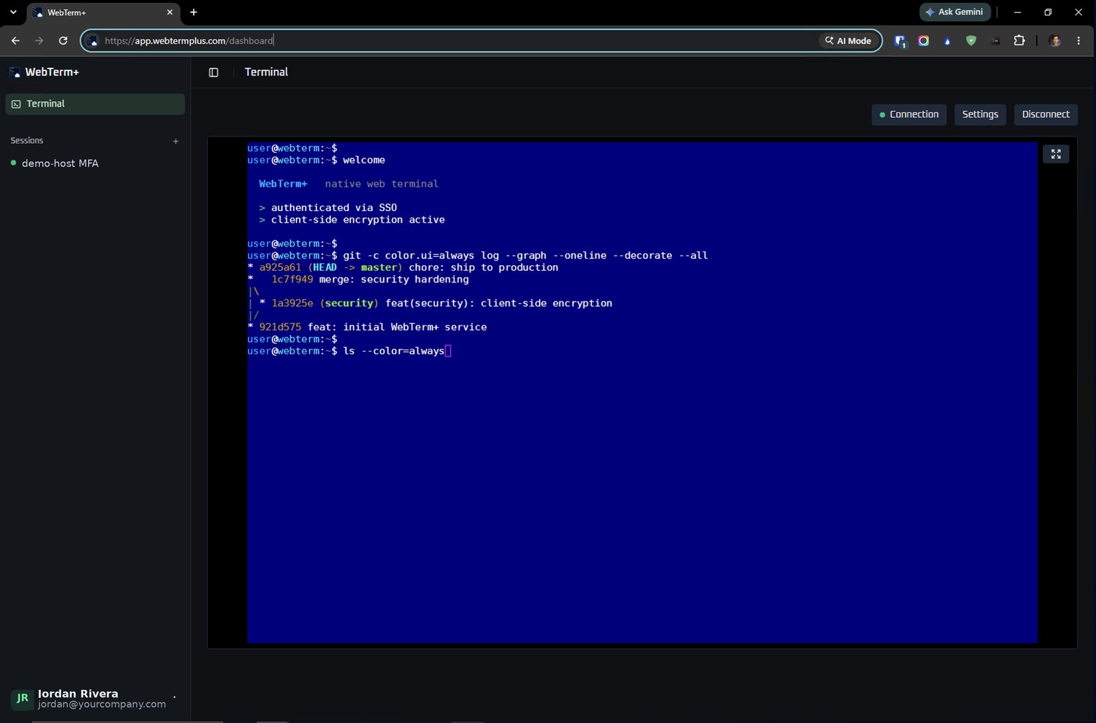 WebTerm+ app: a live terminal session with an SSO-authenticated user and a sidebar list of saved sessions